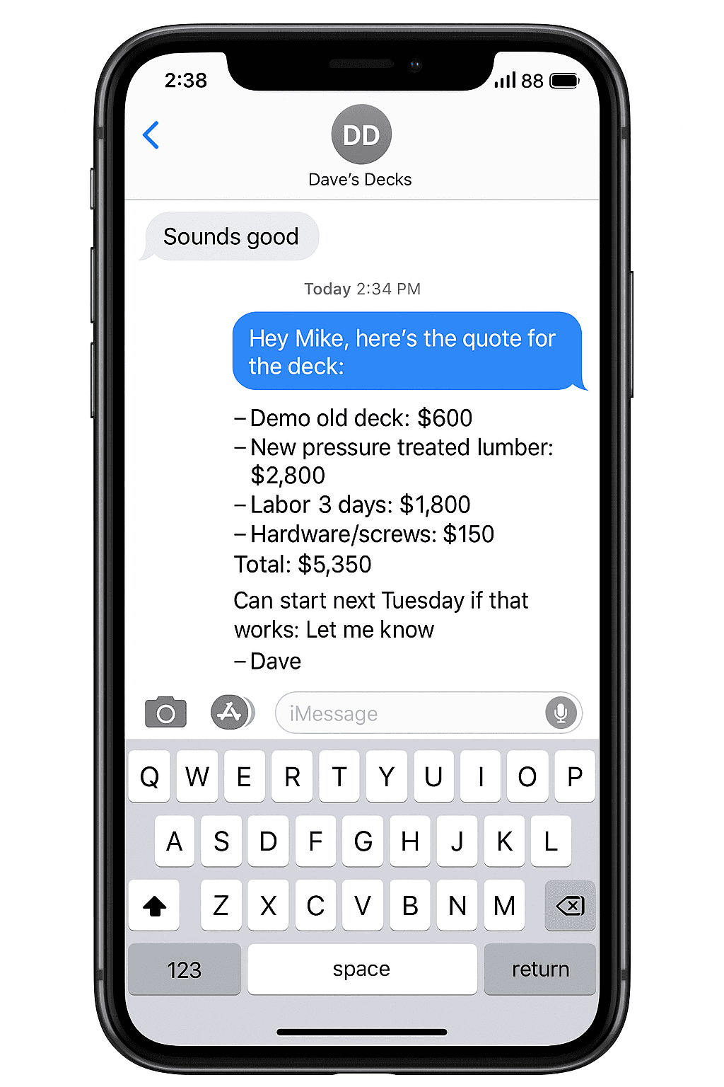 Handwritten estimate example - before using DocSprint 3